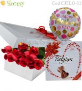 Más información de Caja con 12 rosas, belgian 200g y globo mediano