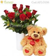 Más información de Florero 10 rosas con peluche grande